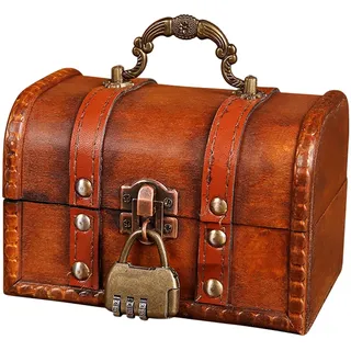 Sporgo Vintage Holz Schatztruhe Klein: Schatzkiste mit Zahlenschloss, Retro Kleine Holzkisten, Schatztruhe Kinder Lagerung Schmuckkästchen, Mini Holztruhe für Aufbewahrung und Dekoration