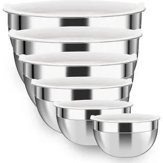 Edelstahl Salatschüssel 6er-Set mit Deckel, Rührschüsseln Küche, faltbar, spülmaschinenfest