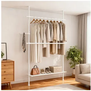 SONGMICS Kleiderständer deckenhoch, 3-stufige Garderobe, höhen und breitenverstellbar, offener, (mit abnehmbarer Ablage), Garderobenleiste, Greifarm, bis 47,5 kg belastbar, 123 x 208 x 33.5 cm weiß 123 cm x 208 cm x 33.5 cm