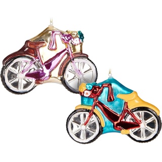BRUBAKER Christbaumschmuck Weihnachtskugel Set - Fahrräder mit Glitzer - Damenrad Rot und Pink (2-tlg), Christbaumkugeln aus Glas Lustig - Baumanhänger - 2 Stück bunt