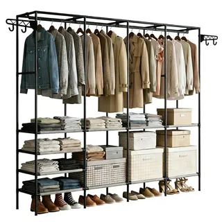 Verdego Offener Kleiderschrank System 215 x 36 x 170cm, Begehbarer Kleiderschrank mit 4 Schichten, Kleiderstange, Ablagen, 2 Seitenflügeln, Kleiderständer Metallrahmen für Schlafzimmer, Schwarz
