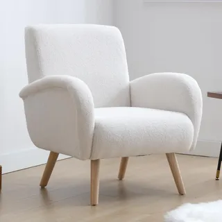 Ya-Home Sessel Wohnzimmer Loungesessel aus Kunstfell Polstersessel mit Holzbeinen, Clubsessel Sofa für Wohnzimmer/Schlafzimmer, Weiß