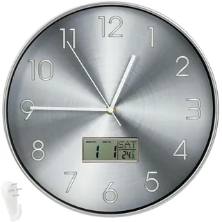 HUOMAQFAN Lautlos Wanduhr mit Kalender und Temperaturanzeige, Geräuschlose Küchenuhr Analoge Wanduhr ohne Laute Tickgeräusche, Runde Digitale Uhr für Wohnzimmer, Badezimmer und Büro(Silber)