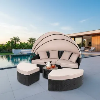 Sonneninsel 180CM Gartenmuschel Schwarz Polyrattan Lounge Tisch Sonnenliege