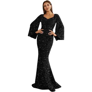 Abend Gwons für Frauen Lange Damen Pailletten Maxikleider Damen Solide Fischschwanz Glänzende Kleider Langarm Glitzer Cocktailkleider V-Ausschnitt Body Enges Kleid Damen Glänzendes Swing Kleid, - XXL