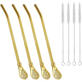 Yerba Mate Trinkhalm-Filterlöffel aus Edelstahl und 4 Reinigungsbürsten, 4 Stück Bombilla, wiederverwendbare Trinkrührstäbchen, Metallrührer für Kaffee, losen Tee, Cocktail (Gold)