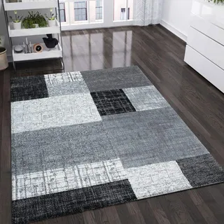 VIMODA Teppich Wohnzimmer Kurzflor Designer Teppiche in Schwarz Grau Weiß Kachel-Optik Kariert Pflegeleicht, Maße:200x290 cm