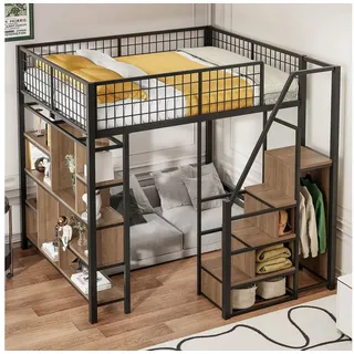 REDOM Kinderbett Metallbett Hochbett (mit Stauraumtreppe & Ablageflächen, Metallbett für Erwachsene & Kinder, 140x200 cm), ohne Matratze schwarz