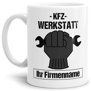 KFZ Mechaniker-Tasse "KFZ Werkstatt -IHR NAME-" Beruf/Auto/Lustig/Spruch/Geschenk-Idee/Arbeit/Weiss