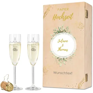 GRAVURZEILE Leonardo Sektgläser mit Gravur - Papierhochzeit Design - Personalisiert mit Namen & Datum inkl. Holzkiste - Geschenk zur Hochzeit Verlobung Jahrestag - Farbe: Sekt