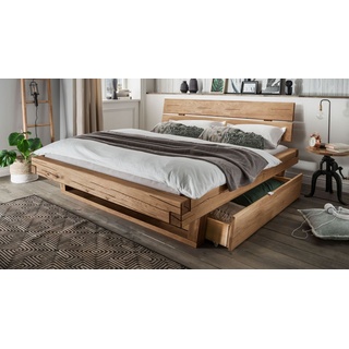 Schubkasten-Bett 180x200 cm aus Wildeiche mit Holz-Kopfteil - Romeno