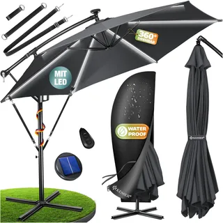 KESSER® Sonnenschirm Solar Ø 300 cm/Ø 350 cm mit LED Beleuchtung, Ampelschirm mit Kurbel, Garten, Sonnenschutz, Gestell & Ständer aus Alu, UV-Schutz, wasserdicht + Windfest, 360° Funktion + Hülle
