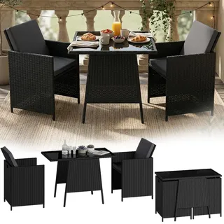 STEELSØN Xenara Essgruppe 3-teilig, 2 Personen, Schwarz/Anthrazit, Rattan | Balkonmöbel Set, klappbare Stühle mit Sitzkissen, Tisch mit Glasplatte, platzsparend, Gartengarnitur, Outdoor, Terrassenmöbel