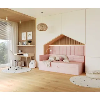 thematys Jugendbett Polsterbett Stauraumbett Springbett 90x200cm, 120x200cm Tagesbett (MADE IN EU - mit hochwertigem Velours Bezug Trinity, Boxspring, Bett, mit gepolsterten Kopf und Seitenteile, mit Bettkasten zum aufklappen), hydraulische Klappfunktion, in Rosa, Creme, Grafit oder Grau rosa