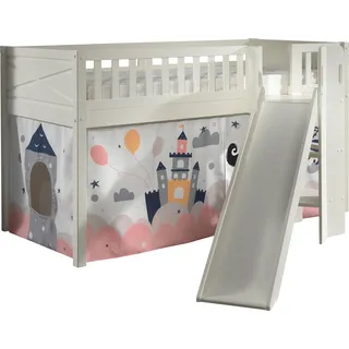 Vipack Hochbett Scott 90 x 200 cm Kiefer massiv weiß lackiert mit Rutsch-/Leiterturm und Vorhang