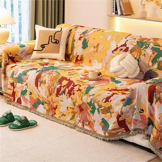 FAWFCJD Herbstliche Sofa-Bett-Überwurfdecke Mit Quasten, Cartoon-Bunte Sonnenblume, Sofabezug, Baumwollfaden-Webschutz, Doppelseitiger Couch-Überwurf, Großer Weicher Sessel-Überwurf(180X230cm)