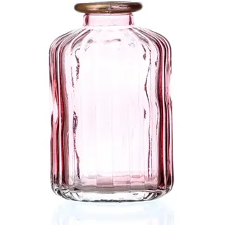 MARELIDA Mini Glas Vase mit Rillen für Blumen Glasflasche mit Goldrand rosa