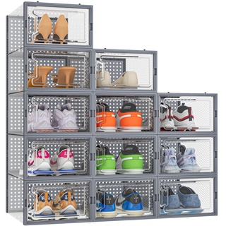 HOMIDEC Schuhboxen, 12er Pack Schuhboxen Stapelbar, Schuhorganizer Schuhaufbewahrung, Schuhkarton mit Deckel für Schuhe bis Größe 45, Grau