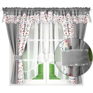 Flying Curtains Vorhang Gardine Set mit Blumenmuster | Deko Gardinen | Wohnzimmer Schlafzimmer | Fenster-Gardinen Set mit Vorhängen 400cm x 150cm | Scheibengardinen L463 Hellgrau