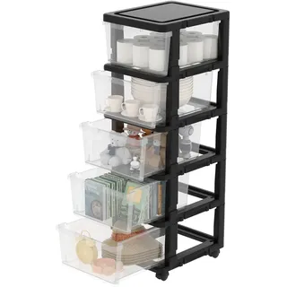 Cetomo Schubladenbox, Schubladenschrank, Aufbewahrungsturm mit Rollen, Kunststoff Schubladencontainer, Rollcontainer für Büro, Schlafzimmer, Wohnheim, Über DIN A4, Schwarz & Transparent - 5 Schubladen