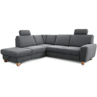 Cavadore Ecksofa Wisconsin mit Bettfunktion / Schlafsofa mit Federkern / Inkl. 2 Kopfstützen + Stauraum / Landhausstil / Holzfüße in Buche / Mikrofaser / Größe: 248 x 88 x 215 cm (BxHxT) / Farbe: Grau