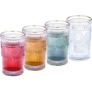Relaxdays Trinkgläser 4er Set, spülmaschinenfest, 400 ml, Vintage Gläser mit Goldrand, Wasser, Saft & Limo, transparent, 10042273