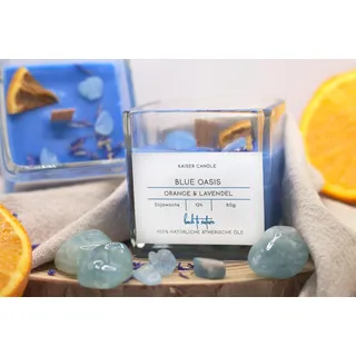 Natürliche Duftkerze mit Aquamarin – Sojawachs & naturreine ätherische Öle – Orange & Lavendel – Handgegossen – in 2 Größen – 60 g / 180 g (60 g)