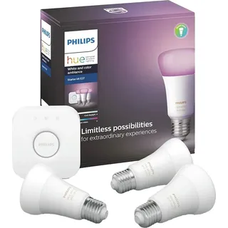 Philips Hue White and Color ambiance Starter-Set: 3 smarte Lampen E27 (800), Set für intelligente Beleuchtung, Bluetooth/Zigbee, Weiß, LED, E27, A60