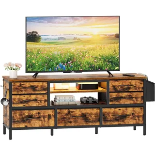 Dripex TV Schrank Lowboard für Fernseher bis zu 55 Zoll mit 7 Schubladen, Aufbewahrungstasche und offenen Regalen mit RGB LED Beleuchtung Industrial Style, 120 x 35 x 50CM