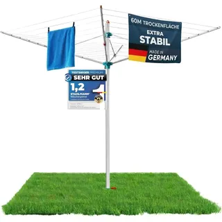 STAHLMANN® Wäschespinne [60 m Leinen] Made in Germany | Made in Germany | Wäschespinne draußen | Servo-Öffnungsautomatik | inkl. Bodenhülse | 12 Bügelhalter