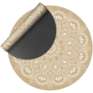 VINILIKO Design | Vinylteppich, rund, glatt, Bedruckt, Mandala, Beige, Durchmesser 100 cm, für drinnen und draußen, rutschfest, wasserdicht, waschbar, Verschiedene Größen, Vinyl-Teppich, Wohnzimmer