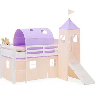 Homestyle4u Hochbett 90 x 200 cm Kiefer massiv lackiert weiß lila