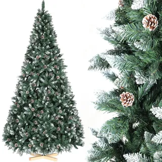 LIFERUN 150cm Künstlicher Weihnachtsbaum mit Handgefertigtem Holzständer | Nordmanntanne Premium, Tannenbaum Künstlich mit Schnee-Effekt,Schnee &28PCS Tannenzapfen &676 Spitzen, Einfach zu Montieren