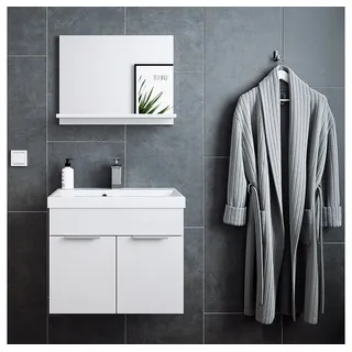 Lomadox Badmöbel-Set Slimline 2 tlg. in weiß Waschbecken, Waschtisch Spiegel modern