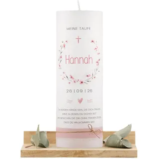 Personalisierte Taufkerze für Mädchen | Moderne handgemachte Kerze mit Name & Datum | Taufgeschenk | Hochwertige Rustikkerze mit Spruch | Partenkerze Rosa Boho (HELLROSA)