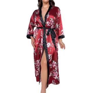 SMTSEC Damen Kimono mit Blumenmuster Seidiger Satin Bademantel in Übergröße Morgenmantel für Die Braut Sexy Langes Nachthemd Weicher Bequemer Homewear Nachthemd Bademantel Rote Blumen,4XL - 4XL Große Größen