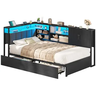 KIMENICH Polsterbett Jugendbett, Schlafsofa mit LED-Beleuchtung und USB-Ladestation (1-tlg., Ohne Matratze), Tagesbett mit Lattenrost aus Metall und 2 Schubladen, 90x200cm schwarz 112 cm x 223 cm x 99 cm