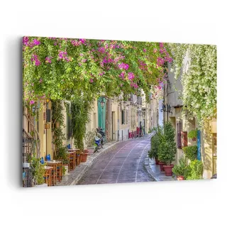 Wandbilder Dekoration Wohnzimmer Straße dekoration blumen griechenland Bilder auf Leinwand 120x80cm Leinwandbild Schlafzimmer Deko Wand Kunstdruck Art Groß XXL Wanddeko Bild Decor Canvas AA120x80-2429