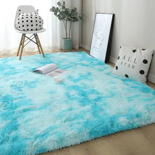 CHENMIAO Shaggy Hochflor Teppich 140 x 160 cm Gemütlicher & Weicher Modern Hochflorteppich Langflor Teppich Waschbar, Anti-Rutsch Unterseite für Wohnzimmer, Schlafzimmer, Himmelblau