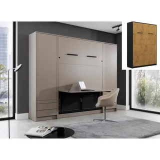 QMM Schrankbett Wandklappbett vertikal GN 140x200 mit integriertem Schreibtisch und 2 Schränken weiß, Eiche Schlafzimmer Set Farbauswahl (Eiche Lancelot & Schwarz)
