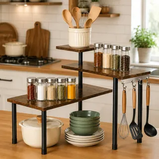 Eckregal Küche Arbeitsplatte, 3-stöckiges Küchenregal Arbeitsplatte Küchen Organizer Klein Verstellbar Eckregal Gewürzregal Stehend Holz Küchenorganizer Küchenarbeitsplatte Kitchen Organizer