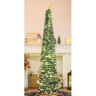 HMASYO 150 cm Pop-Up Lametta Weihnachtsbaum mit 50 Timer-Lichtern, Pfauengrün Zusammenklappbarer Künstlich Schlanken Weihnachtsbaum für den Innenbereich, Zuhause Wohnung Kamin mit Festdekoration