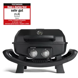 BURNHARD® Gasgrill 2-Brenner WAYNE 4,4 kW, Tragbarer Balkongrill, Tischklein mit Aludruckguss Brennkammer inkl. Abdeckhaube, Gusseisen Grillrost, #944219 schwarz
