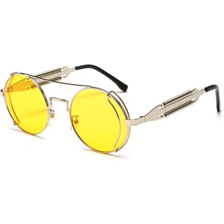 YAMEIZE Sonnenbrille Damen Vintage Runde Steampunk-mit UV400 Schutz Metallrahmen Brille Fahren für Herren Brauner Rahmen Braun