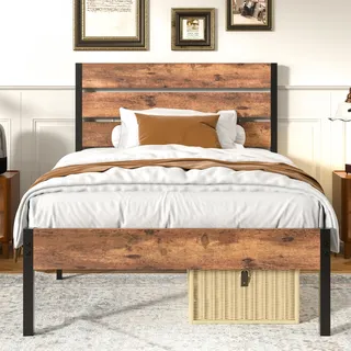 VECELO Bettgestell 90 x 200 cm, Einzelbett aus Metall mit massivem Holzkopfteil und Lattenrost, 31 cm Unterbettstauraum, Geräuschfrei, 204 kg Tragkraft, Industrial Style, Braun