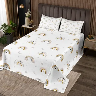 Kinder Cartoon Regenbogen Tagesdecke M Größe Kind Nette Bär Bettwäsche Set Mädchen Jungen Frauen Zimmer Dekor Mond Sternenhimmel Tröster Set Hellviolett Weiß Weiche Coverlet Quilt, 2 Kissenbezug