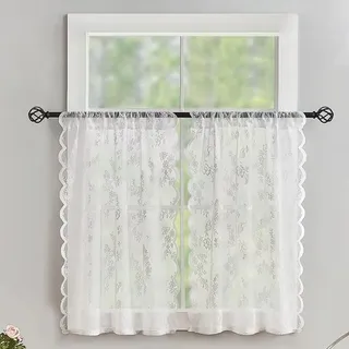 Devola Scheibengardine Spitze Kurzgardine 2er Set HxB 150x75cm Weiß | Bistrogardine Blumenmuster, Romantisch Gardinen Landhaus, Halbtransparent Küchenvorhang für Badezimmer Klein Fenster 2 Stück