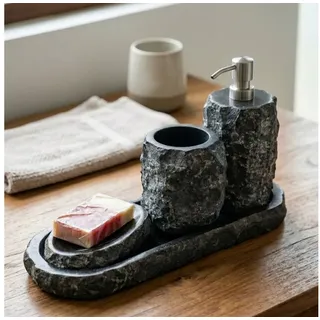 Kinaree Seifenspender Badset Andesit Marmor Naturstein schwarz Indonesien, (4 Teiliges Set, bestehend aus Tablett, Seifenspender, Seifenschale und Becher), leicht nachfüllbar, aus Andesit Marmor, rostfreie Pumpe schwarz