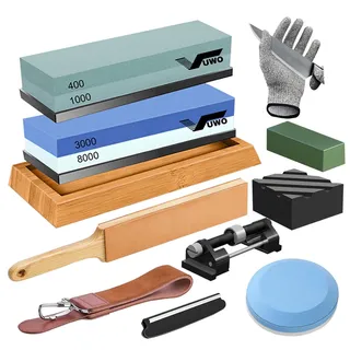 vuwo Professionelle Schleifstein Set für Messer - Wetzstein Körnung 400/1000 3000/8000 Japanischer Abziehstein mit Axt Schleifstein Abrichtstein Rutschfester Bambusbasis Winkelführung