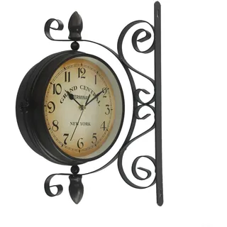 Doppelseitige Wanduhr im Vintage-Stil, Bahnhofsuhr aus Schmiedeeisen mit Quartz-Uhrwerk, leise und drehbar für Wohnzimmer oder Flur, antikbraun